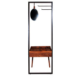 Benzara Standing Metal Coat Rack with Conjoined Mirror and 1 Drawer Desk, Brown and Black UPT-238073 Brown and Black Acacia Wood, Mirror, and Metal UPT-238073