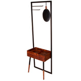 Benzara Standing Metal Coat Rack with Conjoined Mirror and 1 Drawer Desk, Brown and Black UPT-238073 Brown and Black Acacia Wood, Mirror, and Metal UPT-238073