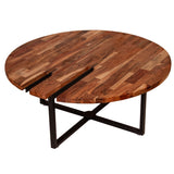 Benzara 36 Inches Round Wooden Top Coffee Table with Metal Base, Brown and Black UPT-238077 Brown and Black Acacia Wood and Metal UPT-238077