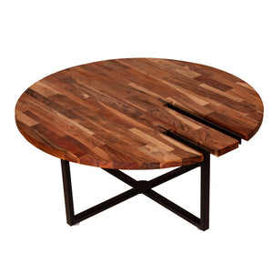 Benzara 36 Inches Round Wooden Top Coffee Table with Metal Base, Brown and Black UPT-238077 Brown and Black Acacia Wood and Metal UPT-238077