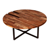 Benzara 36 Inches Round Wooden Top Coffee Table with Metal Base, Brown and Black UPT-238077 Brown and Black Acacia Wood and Metal UPT-238077