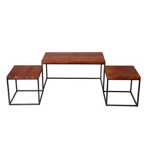 Benzara 3 Piece Solid Wood Coffee Table Set with Grain Details and Metal Frame, Brown UPT-238080 Brown Acacia Wood and Metal UPT-238080