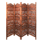 Traditionally Wooden Carved 4 Panel Room Divider Screen with Intricate Cutout Details, Brown