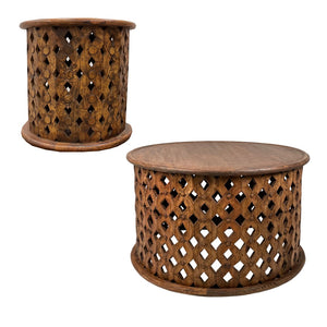 Benzara Farmhouse Round Coffee Table Set with Mango Wood Frame and Cut Out Design, Set of 2, Brown UPT-240457 Brown Mango Wood UPT-240457