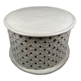 Benzara Mango Wood Farmhouse Round Coffee Table with Intricate Diamond Cutout Base, Washed White UPT-241080 White Mango Wood UPT-241080