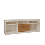 Benzara 71 Inch TV Stand with Open Compartments and Sliding Door, Off White and Oak UPT-242477 White, Brown MDP UPT-242477