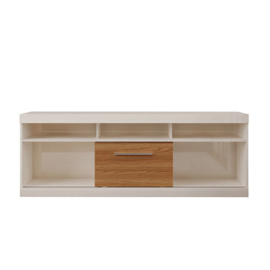 Benzara 71 Inch TV Stand with Open Compartments and Sliding Door, Off White and Oak UPT-242477 White, Brown MDP UPT-242477