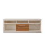 71 Inch TV Stand with Open Compartments and Sliding Door, Off White and Oak