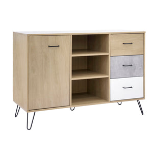 Benzara Buffet Cabinet with Wooden Frame and 3 Drawers, Oak Brown UPT-262095 Brown Wood and Metal UPT-262095