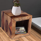 Benzara Cube Shape Rosewood Side Table With Cutout Bottom, Brown UPT-30350 Brown Rosewood (Sheesham) UPT-30350