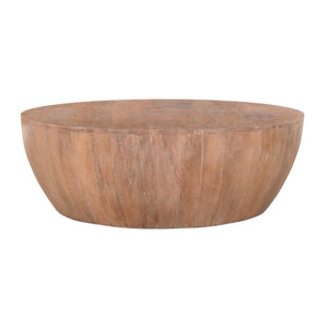 Benzara Drum Shape Wooden Coffee Table with Plank Design Base, Distressed Brown UPT-32182 Brown Mango Wood UPT-32182