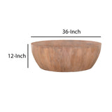 Benzara Drum Shape Wooden Coffee Table with Plank Design Base, Distressed Brown UPT-32182 Brown Mango Wood UPT-32182