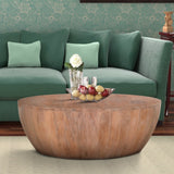 Benzara Drum Shape Wooden Coffee Table with Plank Design Base, Distressed Brown UPT-32182 Brown Mango Wood UPT-32182