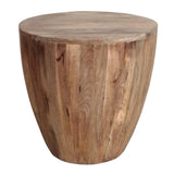 Handcarved Cylindrical Shape Round Mango Wood Distressed Wooden Side End Table, Brown