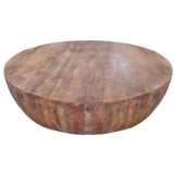 Benzara Handcarved Drum Shape Round Top Mango Wood Distressed Wooden Coffee Table, Brown UPT-32184 Brown Mango Wood UPT-32184