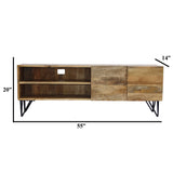 Benzara Industrial Style Mango Wood and Metal Tv Stand With Storage Cabinet, Brown UPT-38930 Brown Mango Wood and Iron UPT-38930