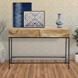 Benzara Mango Wood and Metal Console Table With Two Drawers, Brown UPT-39270 Brown Mango Wood and Iron UPT-39270