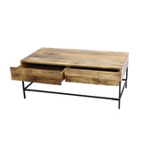 Benzara Mango Wood Coffee Table With 2 Drawers, Brown And Black UPT-39290 Brown and Black Mango Wood / Metal UPT-39290