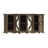 Benzara 4 Door Wooden Console with Circled Design Mirrored Front, Brown UPT-624024792 Brown Wood and Mirror UPT-624024792