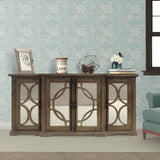 Benzara 4 Door Wooden Console with Circled Design Mirrored Front, Brown UPT-624024792 Brown Wood and Mirror UPT-624024792