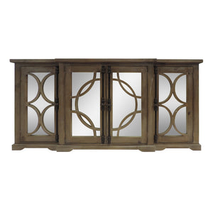 Benzara 4 Door Wooden Console with Circled Design Mirrored Front, Brown UPT-624024792 Brown Wood and Mirror UPT-624024792