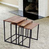 Benzara Wooden Nesting Coffee End Tables With Metal Base, Set Of 3, Brown And Black UPT-69000 Brown and Black Akacia Wood UPT-69000