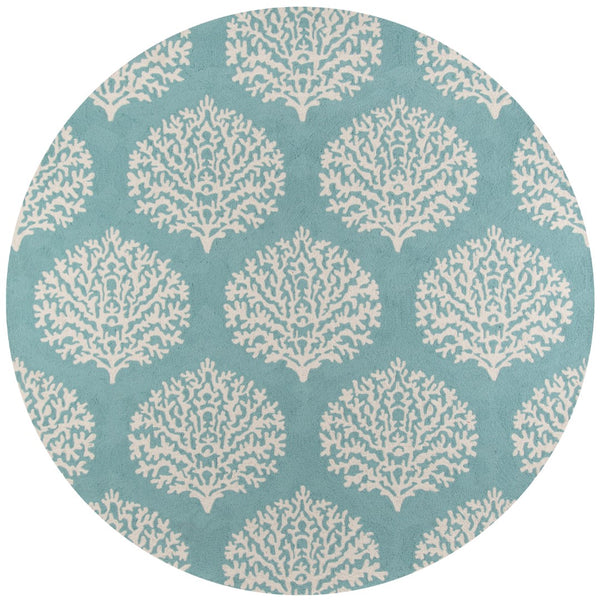 Momeni Veranda VR-45 Hand Hooked Contemporary Damask Indoor/Outdoor Area Rug Aqua 9' x 9' Round VERANVR-45AQA900R