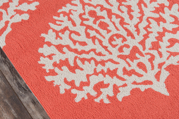 Momeni Veranda VR-45 Hand Hooked Contemporary Damask Indoor/Outdoor Area Rug Coral 9' x 9' Round VERANVR-45COR900R