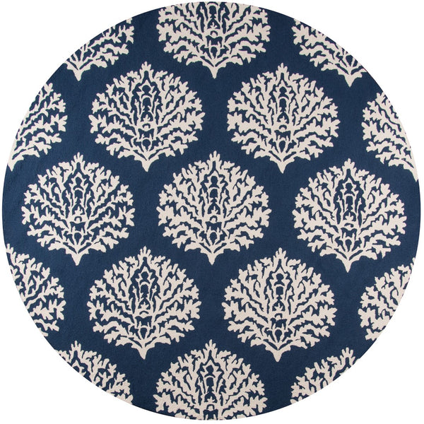 Momeni Veranda VR-45 Hand Hooked Contemporary Damask Indoor/Outdoor Area Rug Navy 9' x 9' Round VERANVR-45NVY900R