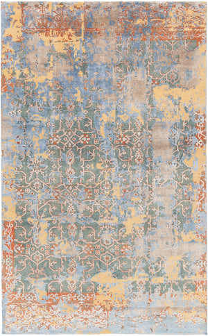 Chandra Rugs Vingel 65% Wool + 35% Viscose Hand-Knotted Traditional Rug Blue/Brown/Gold/Grey 9' x 13'