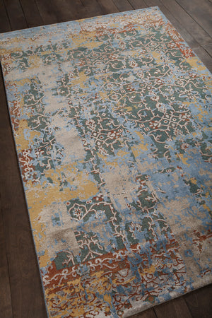 Chandra Rugs Vingel 65% Wool + 35% Viscose Hand-Knotted Traditional Rug Blue/Brown/Gold/Grey 9' x 13'