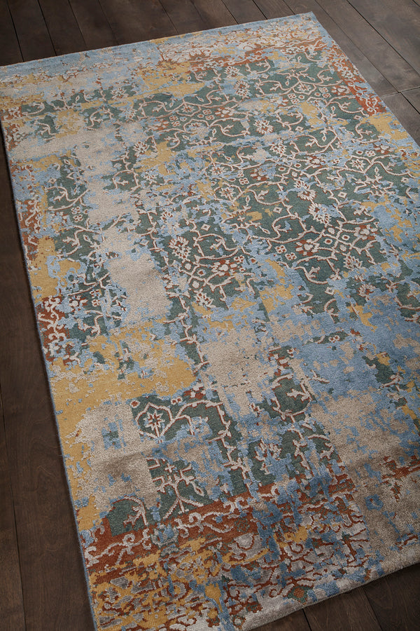 Chandra Rugs Vingel 65% Wool + 35% Viscose Hand-Knotted Traditional Rug Blue/Brown/Gold/Grey 9' x 13'