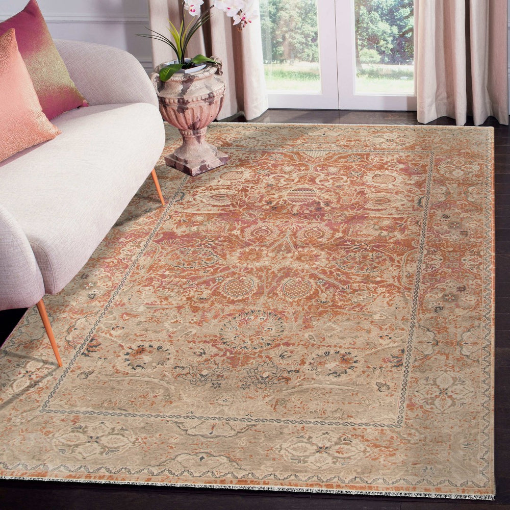 AMER Rugs Vintage VIN-1 Hand-Knotted Bordered Transitional Area Rug Orange/Tan 10' x 14'