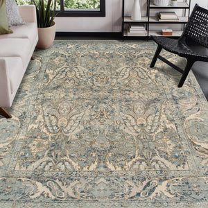 AMER Rugs Vintage VIN-10 Hand-Knotted Bordered Transitional Area Rug Blue 10' x 14'