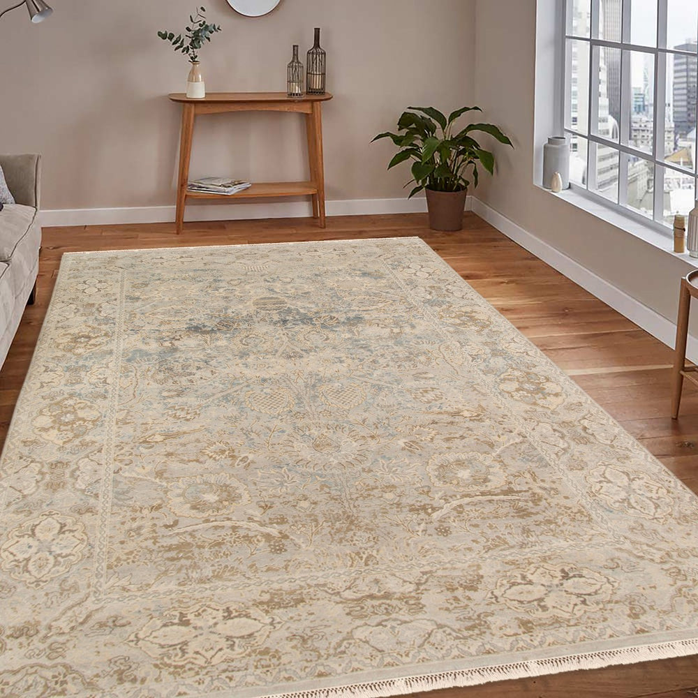 AMER Rugs Vintage VIN-3 Hand-Knotted Bordered Transitional Area Rug Blue/Tan 10' x 14'