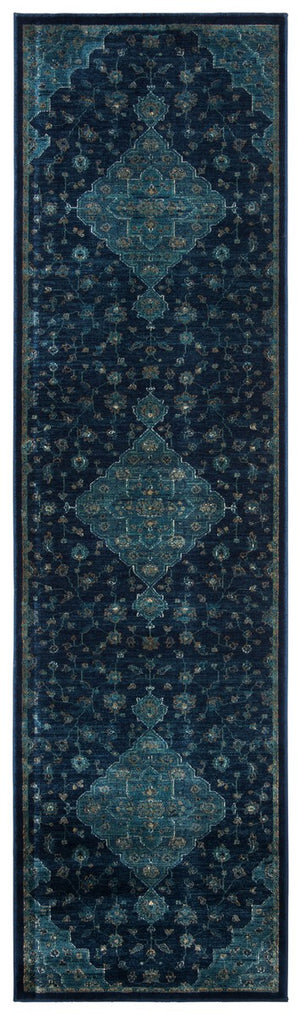 Vintage 873 Traditional Power Loomed 72% Viscose 15% Cotton 13% Polyester Rug Navy / Teal