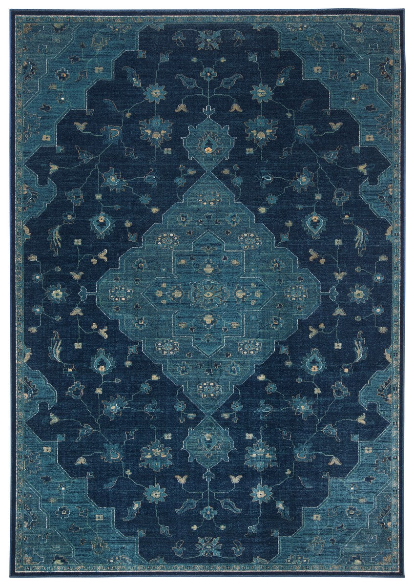 Vintage 873 Traditional Power Loomed 72% Viscose 15% Cotton 13% Polyester Rug Navy / Teal