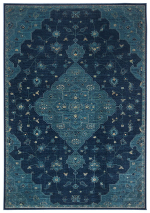 Vintage 873 Traditional Power Loomed 72% Viscose 15% Cotton 13% Polyester Rug Navy / Teal