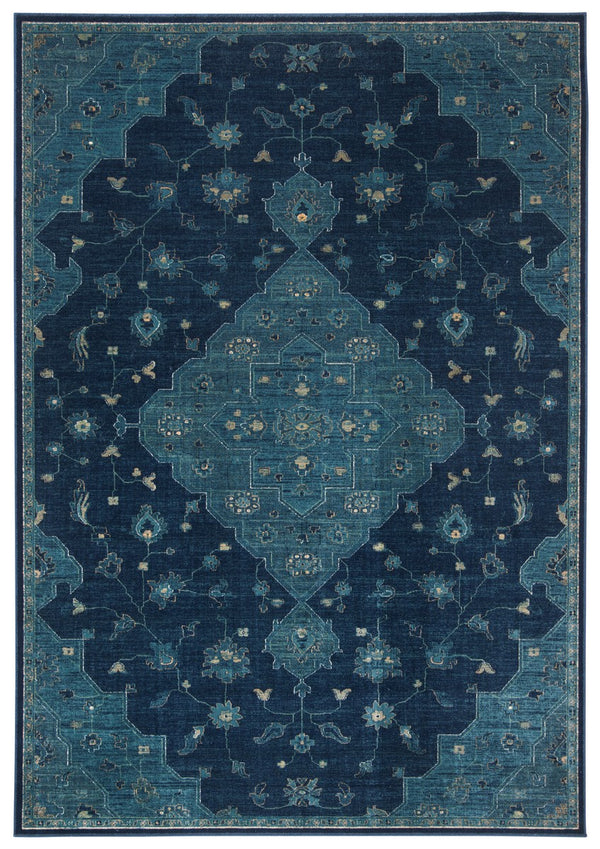 Vintage 873 Traditional Power Loomed 72% Viscose 15% Cotton 13% Polyester Rug Navy / Teal