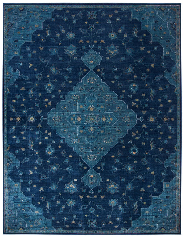 Vintage 873 Traditional Power Loomed 72% Viscose 15% Cotton 13% Polyester Rug Navy / Teal