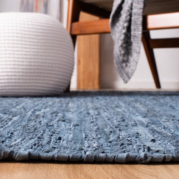 Vintage Leather 501 Contemporary Flat Weave 90% Recycled Leather, 10% Cotton Rug Blue / Grey