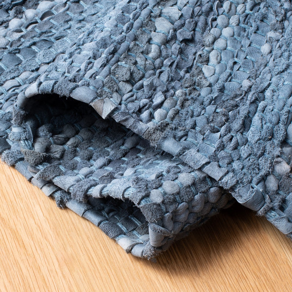 Vintage Leather 501 Contemporary Flat Weave 90% Recycled Leather, 10% Cotton Rug Blue / Grey