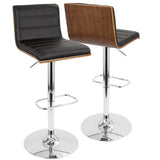 Vasari Mid-Century Modern Adjustable Barstool with Swivel in Chrome, Walnut and Black Faux Leather by LumiSource - Set of 2