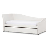 Vera Modern and Contemporary White Faux Leather Upholstered Curved Sofa Twin Daybed with Roll-Out Trundle Guest Bed