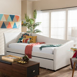 Baxton Studio Vera Modern and Contemporary White Faux Leather Upholstered Curved Sofa Twin Daybed with Roll-Out Trundle Guest Bed