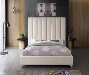 Via Velvet / Engineered Wood / Metal / Foam Contemporary Cream Velvet Queen Bed - 65.5" W x 86" D x 70.5" H