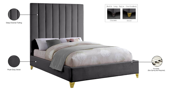 Via Velvet / Engineered Wood / Metal / Foam Contemporary Grey Velvet Queen Bed - 65.5" W x 86" D x 70.5" H