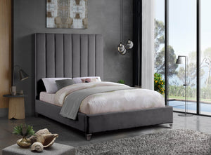 Via Velvet / Engineered Wood / Metal / Foam Contemporary Grey Velvet Queen Bed - 65.5" W x 86" D x 70.5" H