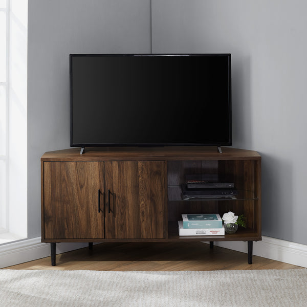 48" 2 Door Glass Shelf Corner TV Console - Dark Walnut