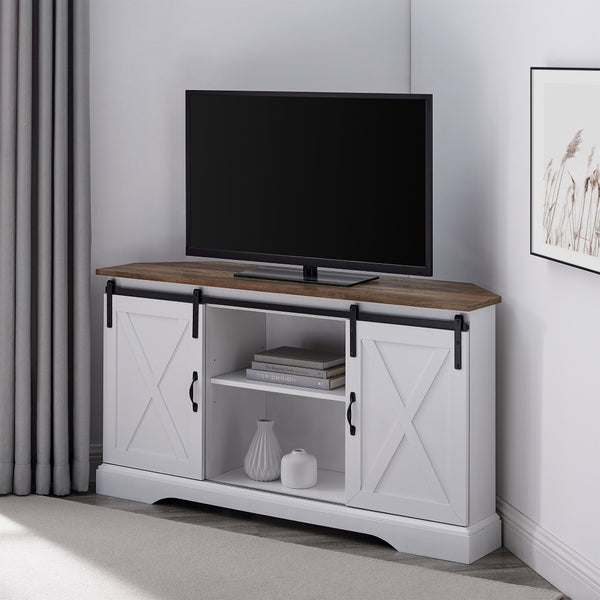 W52SBDCRROSW - 52" Sliding Barn Door Corner TV Stand